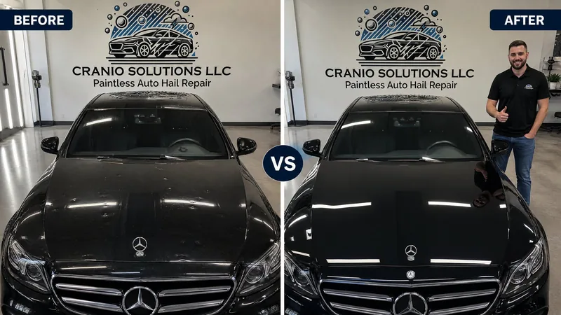 The same black sedan photographed from the same spot, before and after paintless dent repair.